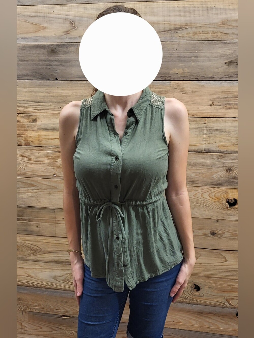 Xhilaration Sleeveless Olive Green Drawstring Button-Front Top XS